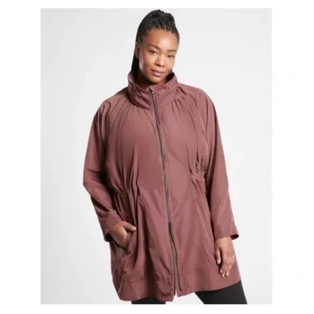 Athleta Drip Drop Jacket Long Windbreaker Stowaway Hood in Mauve Sz. 1X